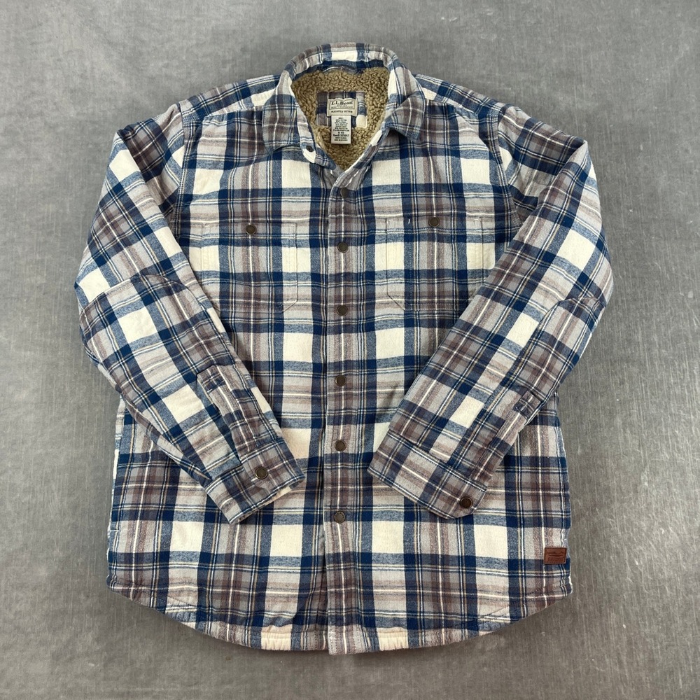 L.L. Bean Men M Blue Plaid Flannel Shirt Jacket Sherpa Lined Slightly Fitted